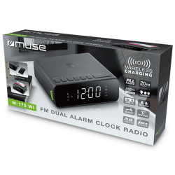 MUSE M-175 Clock Radio Wireless Charger Qi 10W FM with advertising print